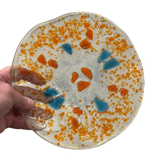 Fused Glass Confetti Shallow Bowl Handmade Signed - Picture 6 of 6